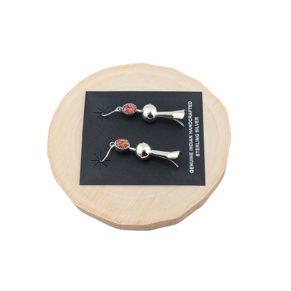 Native American Red Spiny Oyster Squash Blossom Dangle Earrings Navajo Jewelry** - Picture 1 of 10